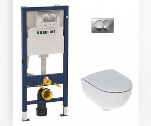 Комплект Geberit Renova Compact Rimfree, унитаз подвесной, сиденье, кнопка Delta20 Комплект Geberit Renova Compact Rimfree, унитаз подвесной, сиденье, кнопка Delta20