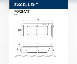 Ванна гидромассажная Excellent Pryzmat 170 x 75 см, RELAX, хром, каркас в подарок