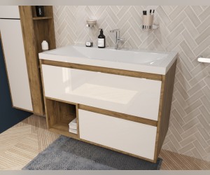 Тумба с раковиной Эстет Монако Wood 90 см, 2 ящика, ниша, белый/дуб рустикальный, ФР-00010673 Тумба с раковиной Эстет Монако Wood 90 см, 2 ящика, ниша, белый/дуб рустикальный, ФР-00010673