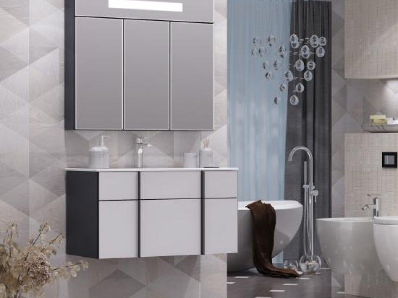 Тумба под раковину Opadiris Кристалл Лофт 90 см подвесная, антрацит, белый, 00-00003652