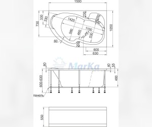 Ванна 1MarKa AURA, асимметричная, левая/правая, 150 х 105 см