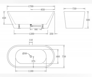 Ванна акриловая BelBagno 170 х 75 см, без перелива, BB61-1700-W0