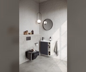 Подвесная тумба 60 см левая с одной дверью и открытыми полочками, цвет: корпус - светлый камень, фасад - серый матовый