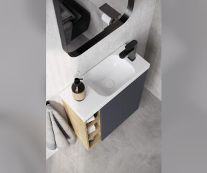 Подвесная тумба 60 см правая с одной дверью и открытыми полочками, цвет: корпус - дуб давос, фасад - белый матовый