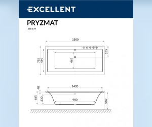 Ванна гидромассажная Excellent Pryzmat 150 x 75 см, SMART, хром, каркас в подарок