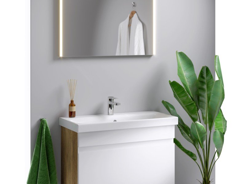 Подвесная тумба с одним ящиком, цвет дуб балтийский с умывальником