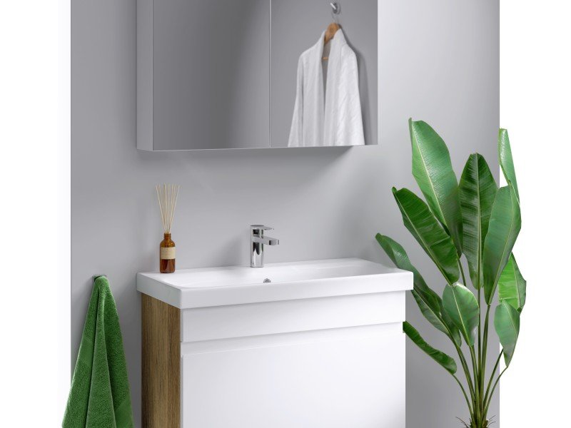 Подвесная тумба с одним ящиком, цвет дуб балтийский с умывальником