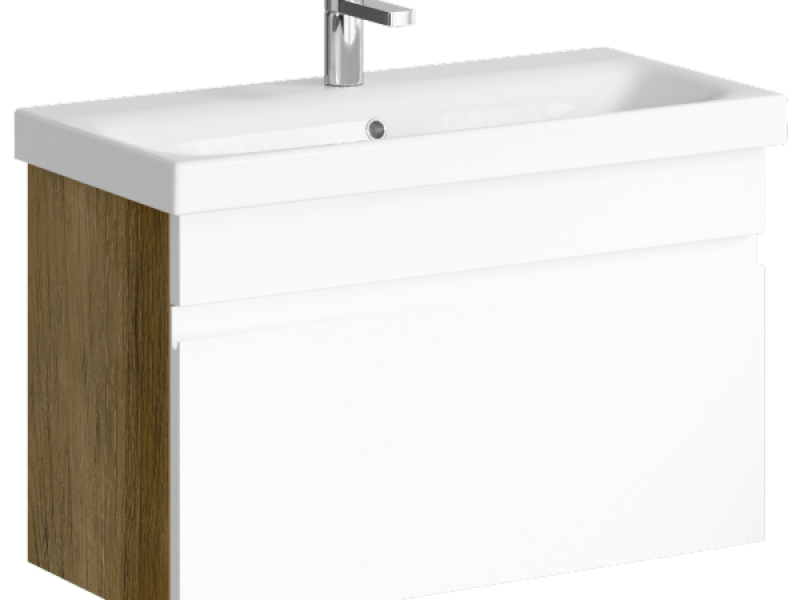 Подвесная тумба с одним ящиком, цвет дуб балтийский с умывальником