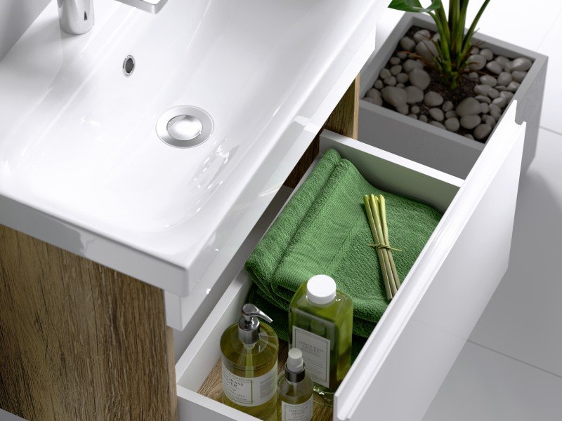 Подвесная тумба с одним ящиком, цвет дуб балтийский с умывальником